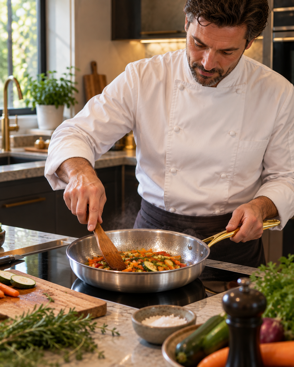 Chef en cuisine legumes sautes au poelon