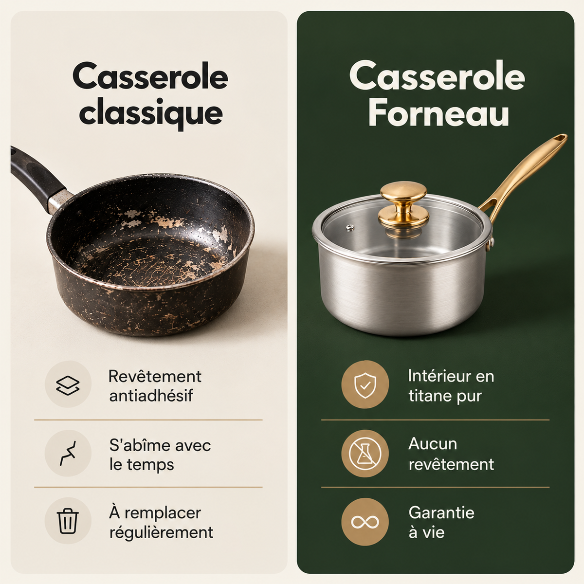 Comparison: a saucepan with damaged coating next to the Forneau pure titanium saucepan