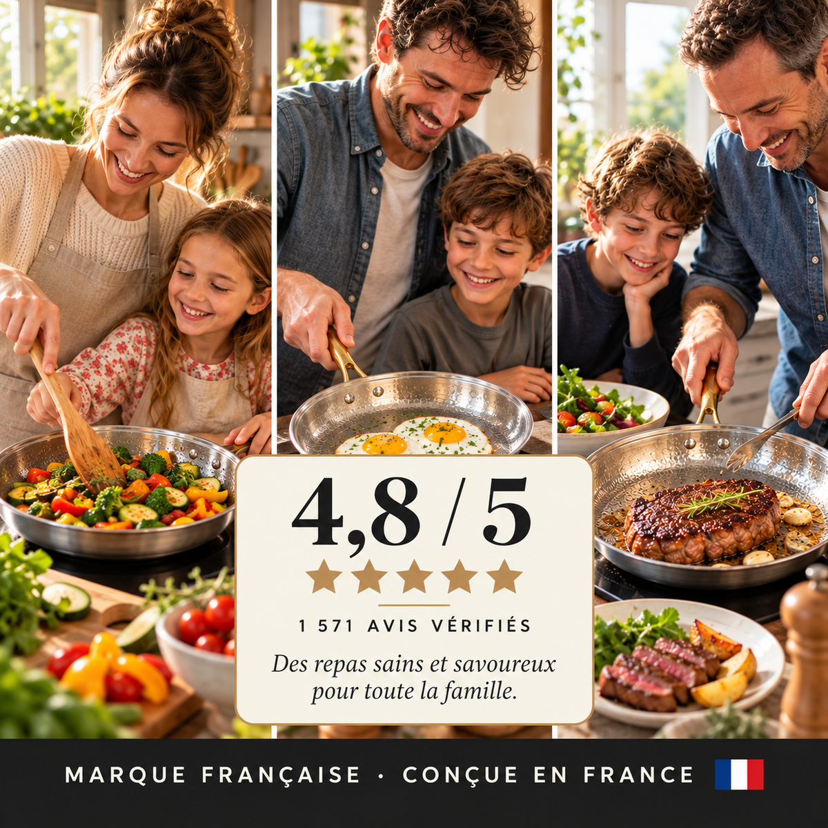 A family cooking with Forneau titanium cookware, a French brand designed in France
