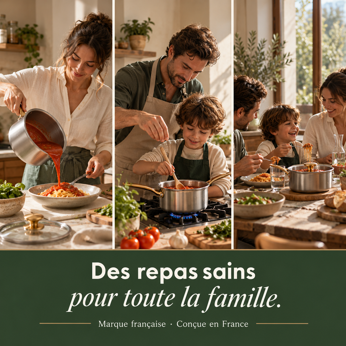A family cooking with the Forneau titanium stockpot, a French brand designed in France