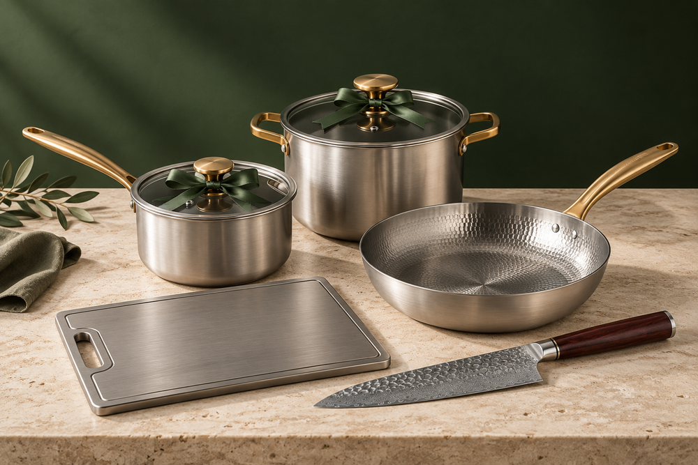 Forneau titanium stockpot, saucepan and pan with a cutting board and knife