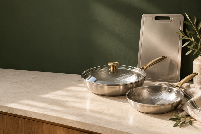 Forneau titanium pans and a cutting board on a kitchen counter