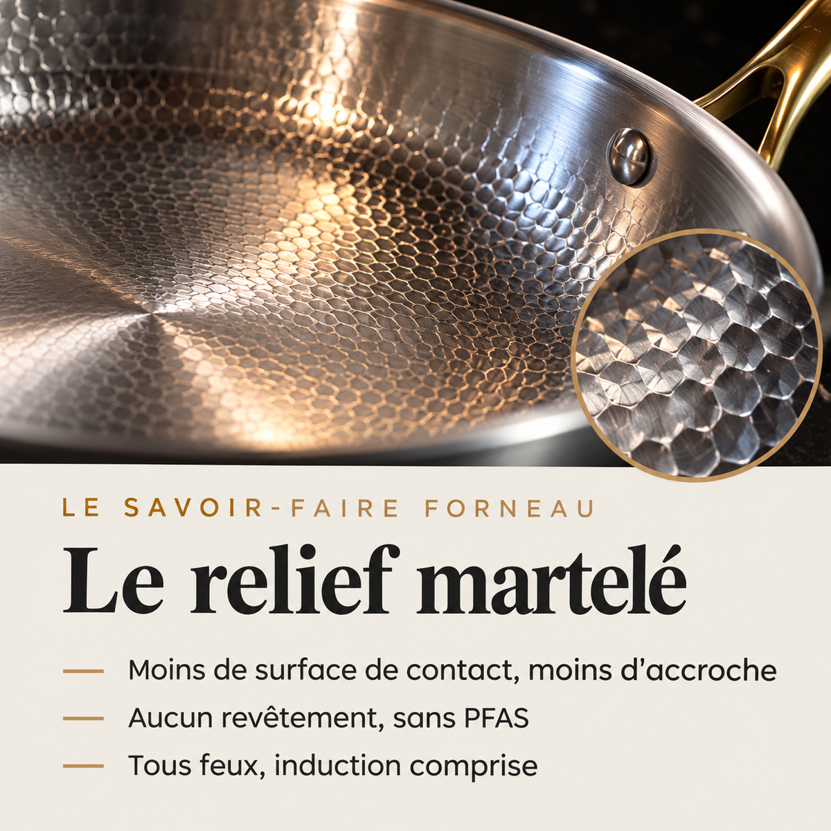 Close-up of the hammered surface of the Forneau titanium sauté pan