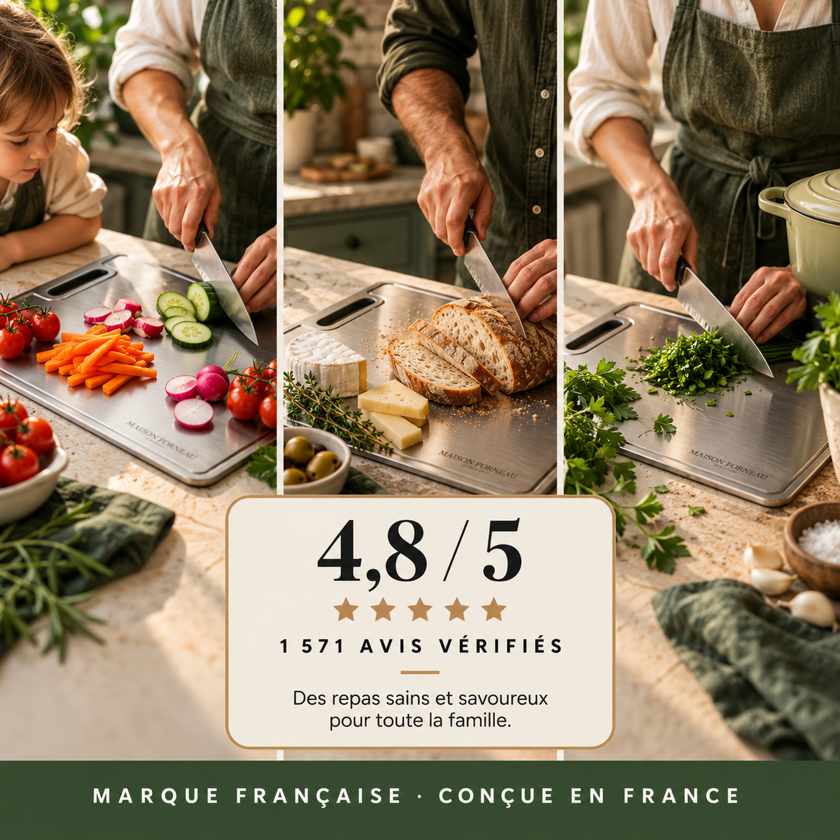A family chopping vegetables, bread and herbs on Forneau titanium boards