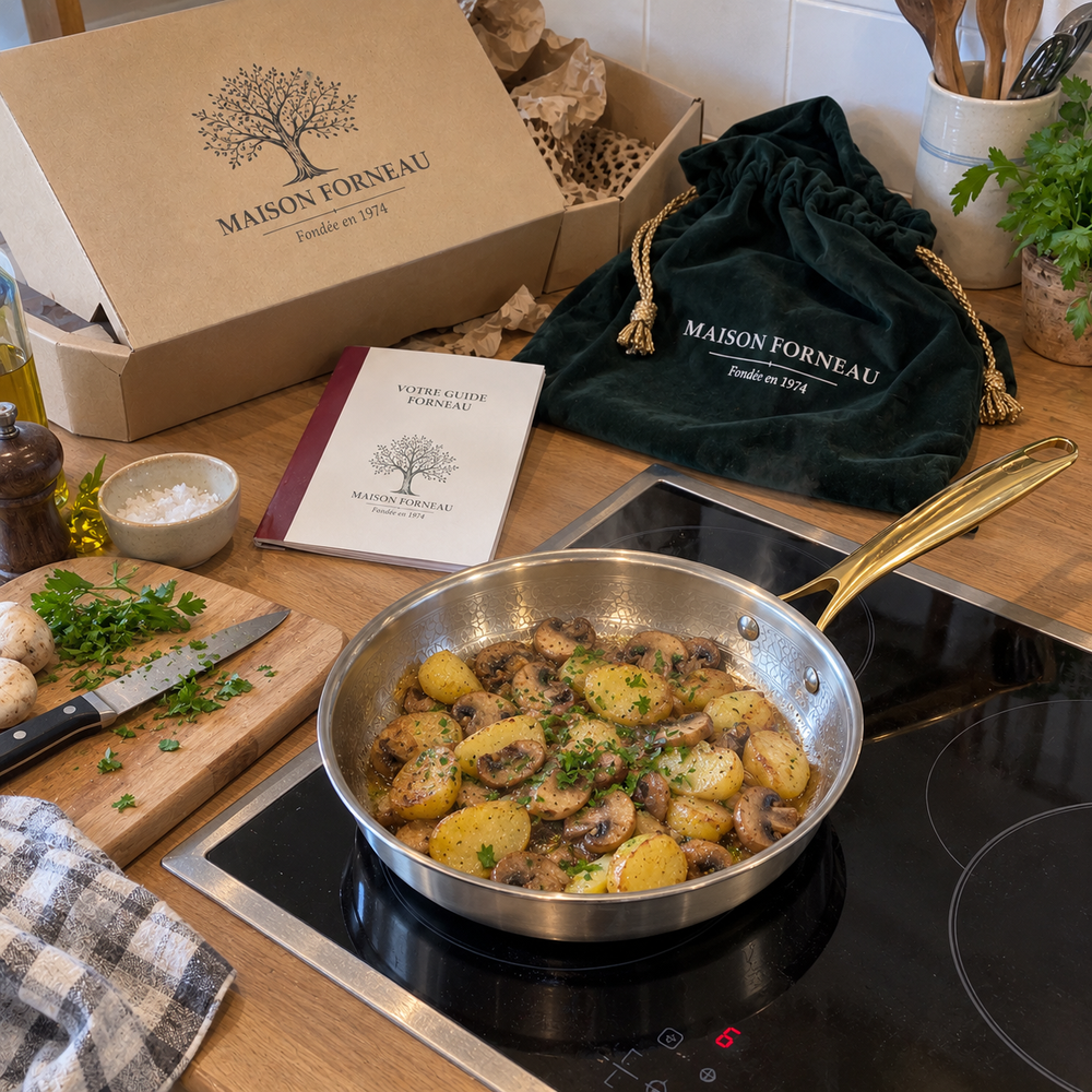 Estuche Forneau abierto y patatas salteadas en la sartén de titanio