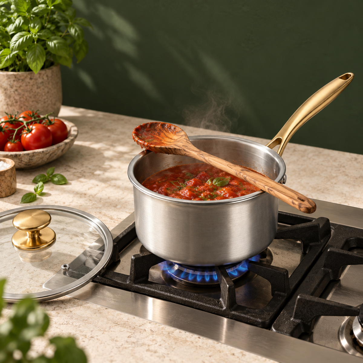 Tomato sauce simmering in the Forneau titanium saucepan on a gas hob