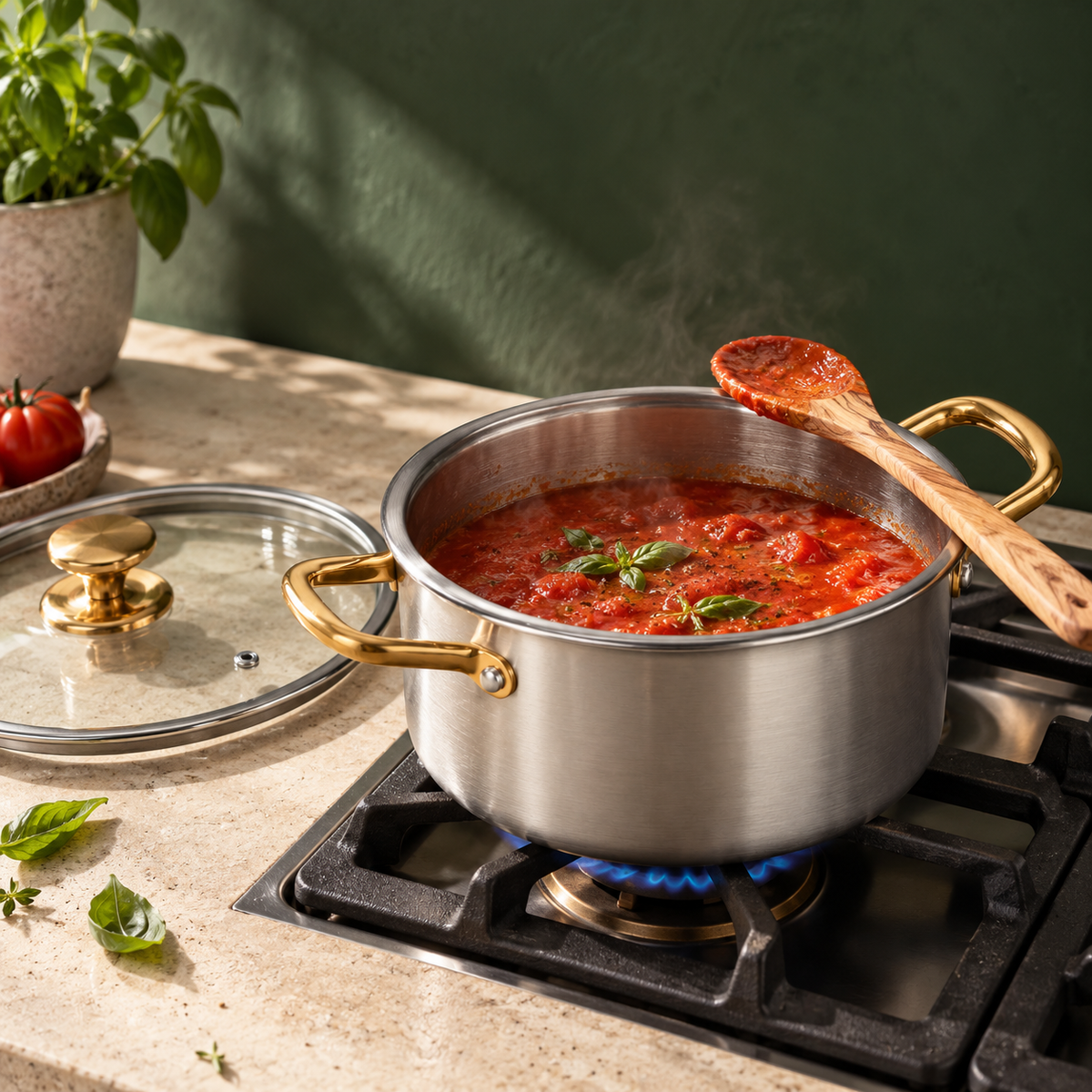 Marmite en titane Forneau sur gazinière, sauce tomate et cuillère en bois