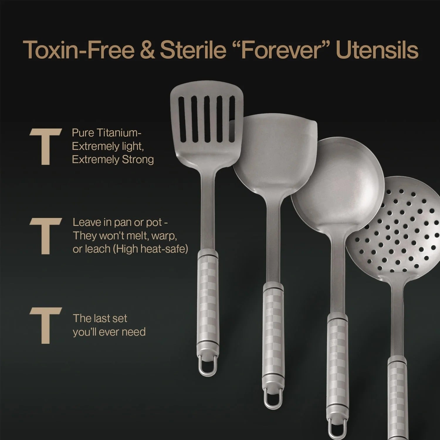 Set d'Ustensiles en Titane Pur Forneau® — 4 Pièces, Sans Plastique
