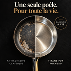 Comparison: a flaking non-stick pan next to the Forneau pure titanium sauté pan