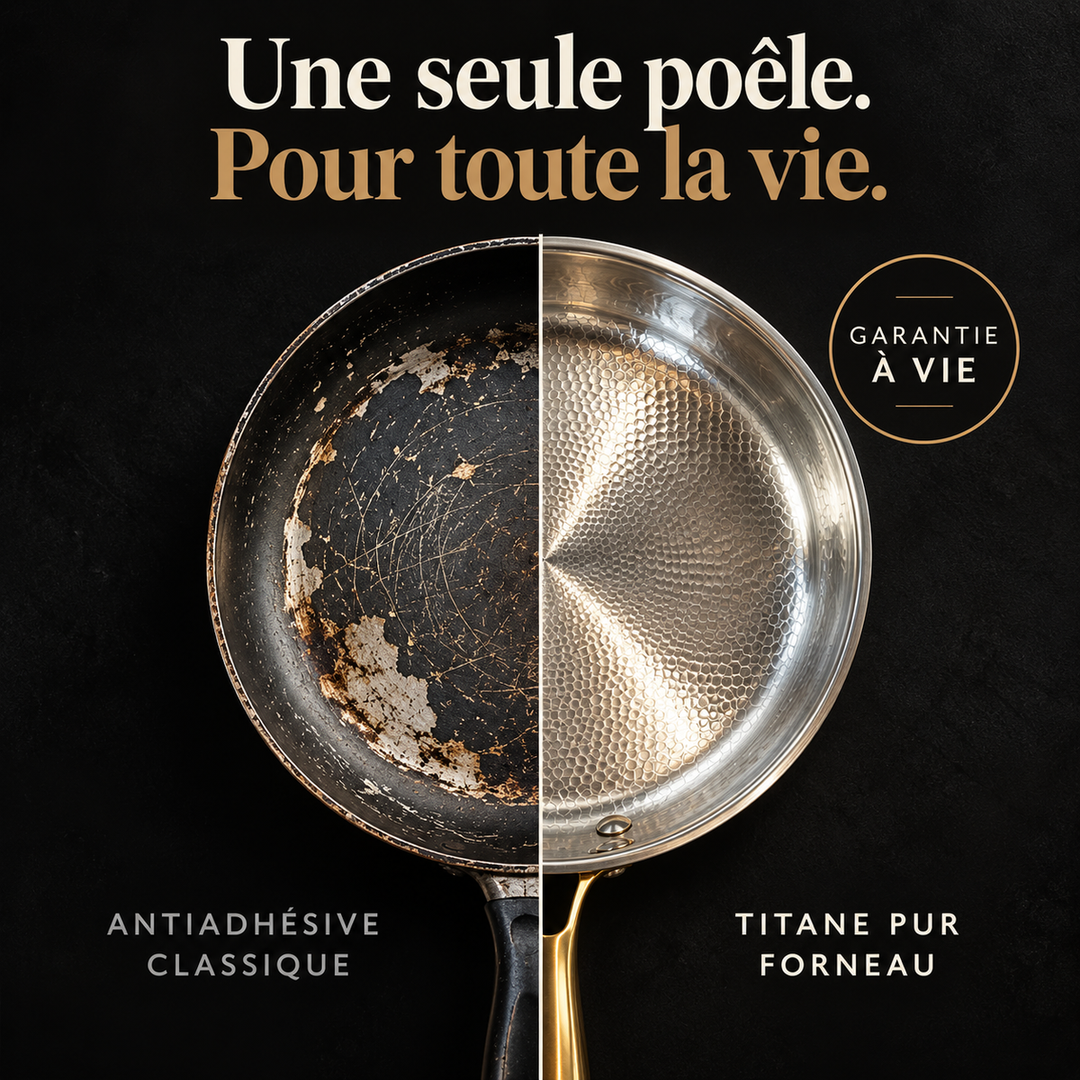 Comparison: a flaking non-stick pan next to the Forneau pure titanium sauté pan