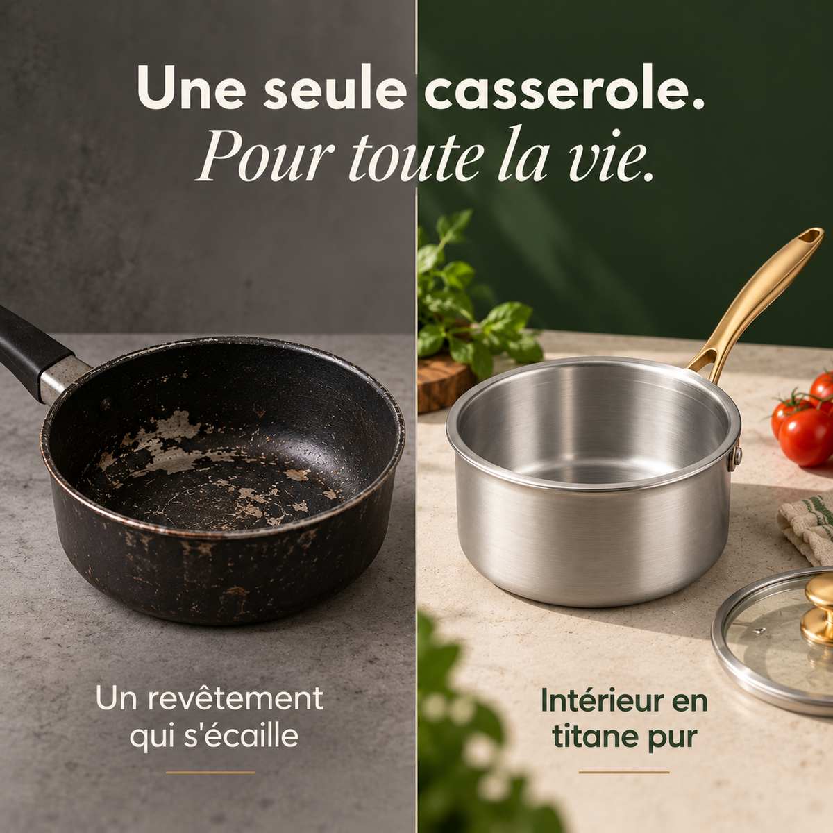 Flaking coating set against the pure titanium interior of the Forneau saucepan