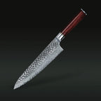 Forneau 20cm chef's knife, hammered blade and wooden handle, on a dark background